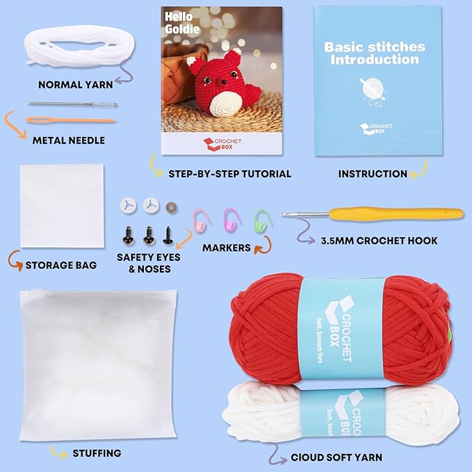Crochet Kit for Beginners - Fox Crochet Kit, Learn to Crochet, All You Need in, Step-by-Step Video Tutorial, Instruction, Soft Yarn, Holiday, Birthday Gift for Adults, Teens