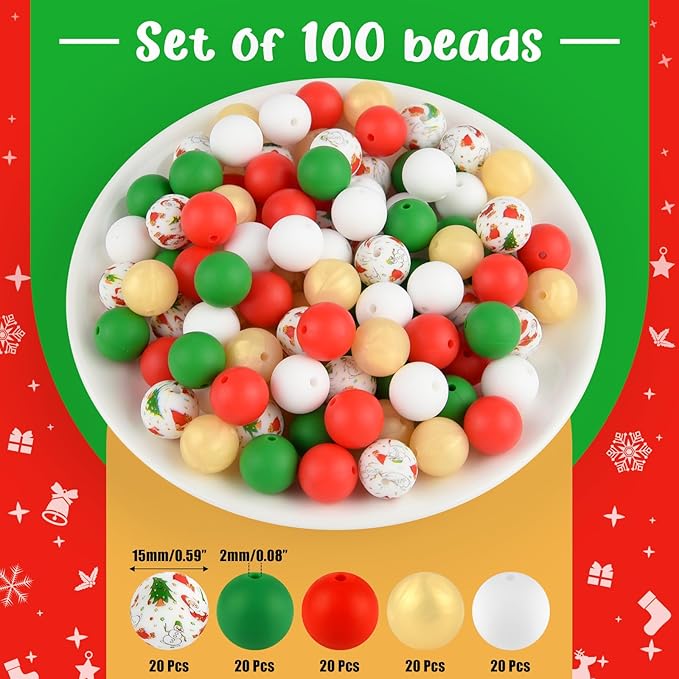 ASTARON 100 Pcs 15mm Silicone Beads for Keychain Making, Green Red Gold Round Beads Bulk for Christmas Bracelets Crafts Jewelry Making Supplies Christmas Gift Ideas Decorations