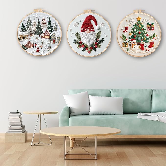 Ohcol 3 Sets Christmas Embroidery Kit,Cross Stitch Kits for Beginners,Needlepoint Kits for Adults with Easy Floral Pattern Hand Crafts,Hoop,Needle