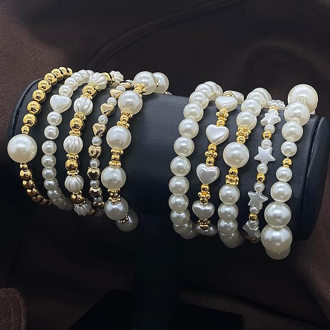 1338PCS Pearl Beads for Bracelets, 5 Size Round Pearl Beads Bulk for Jewelry Making Gold Spacer Star Heart Charms Friendship Bracelets Making Kit for Necklaces Earrings DIY Crafts