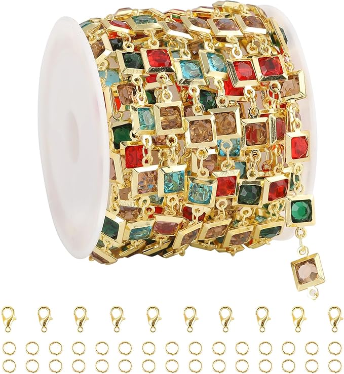 UMAOKANG 9.8 Feet 18K Gold Plated Brass Chains for Jewelry Making Colorful Square Rhinestone Jewelry Making Chain Decorative Craft Chain Roll