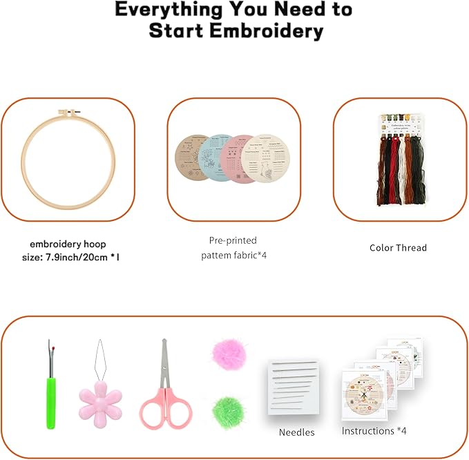 JOINRUN 4 Pack Beginner Embroidery Kit for Adults, Learn Stitches with Pre-Stamped Patterns, Step-by-Step Guide & Video, 7.8" Hoop, Threads & Needles, DIY Needlework Craft Gift for Women