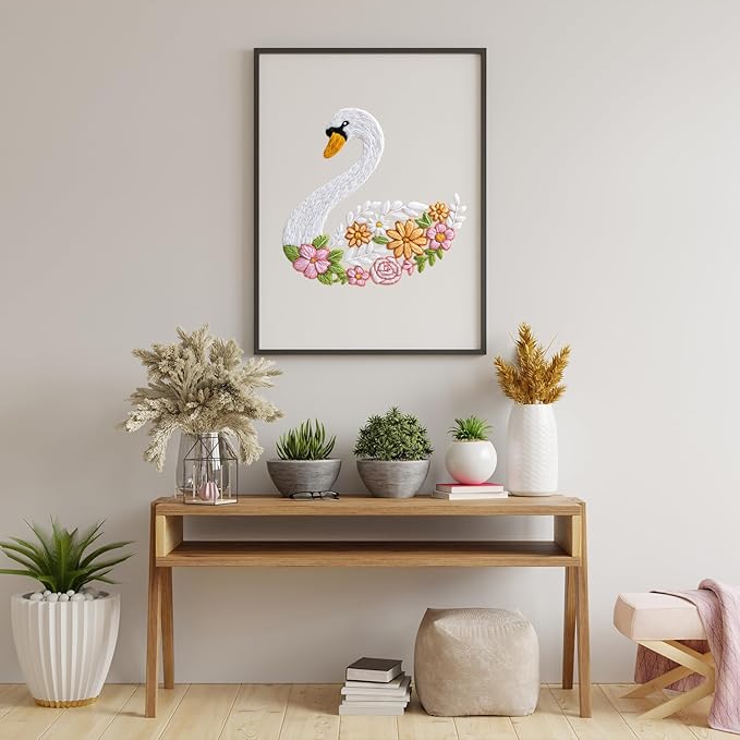louise maelys cute animal embroidery kits for beginners,cross stitch kit for adults starters,diy needlepoint tool including swan and flower pattern,hoop,instruction and threads