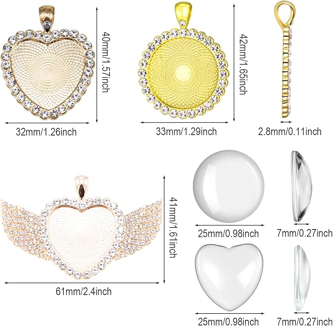 72 Pcs Rhinestone Bezel Wings Pendant Kit, 3 Styles Bezel Pendant Trays, Glod and Silver Sublimation Necklace Blank with Chain, Clear Glass Cabochons for Christmas Making Crafts Wedding Jewelry Gifts
