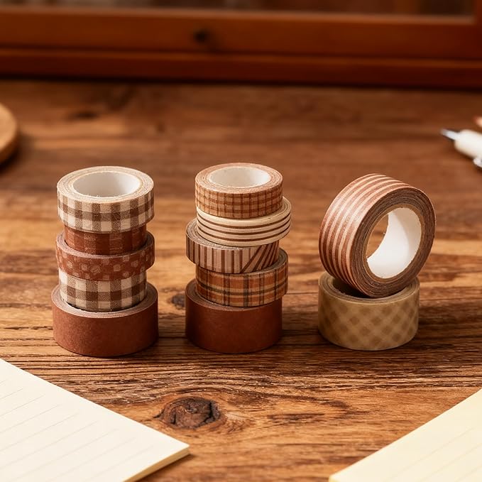 21 Rolls Vintage Brown Washi Tape Set - Checkered/Striped/Polka Dot Decorative Tape for Scrapbooking, Journaling, Junk Journal, Craft Supplies, Retro Aesthetic Gift for Handmade Lovers