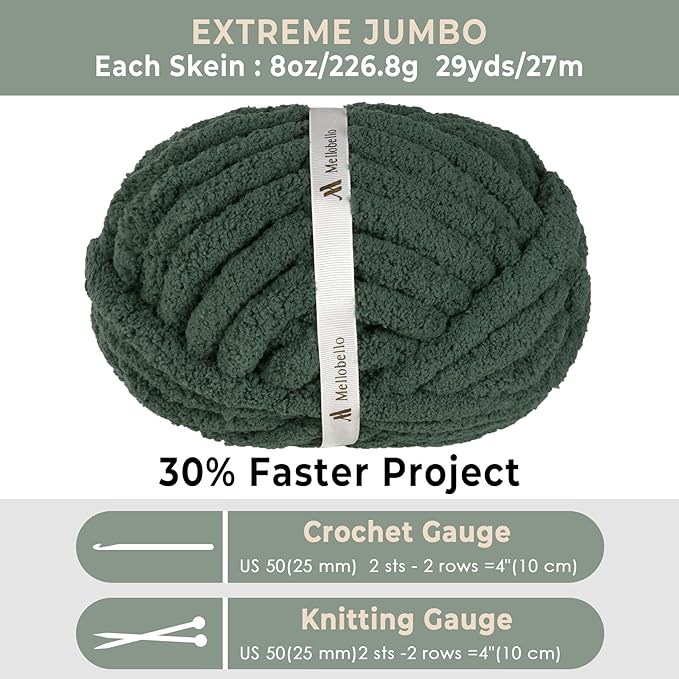 Jumbo Chunky Yarn for Hand Knitting - Super Thick Chenille Chunky Yarn for Crocheting - Extra Soft Bulky Fluffy Blanket Big Yarns 8 Jumbo Pack (27yds,8 oz Each Skein) Dark Green