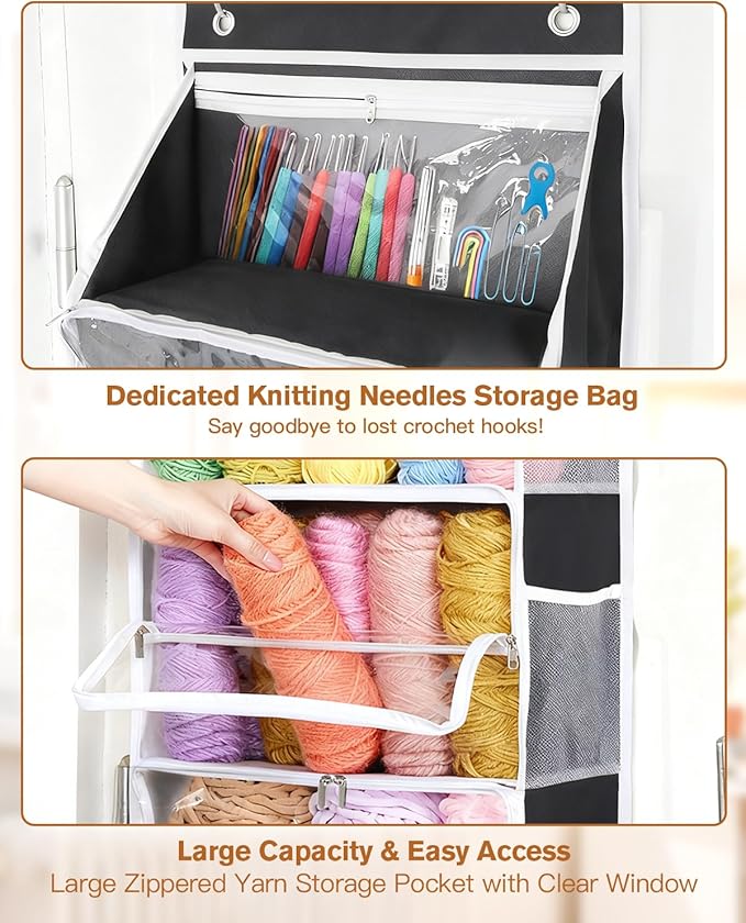 Hanging Yarn Storage Organizer, Large Capacity Over the Door Yarn Organizer with 6 Clear Zipper Pockets 10 Mesh Side Bags, Hanging Yarn Holder Knitting Storage Bag for Crochet Hooks, Black