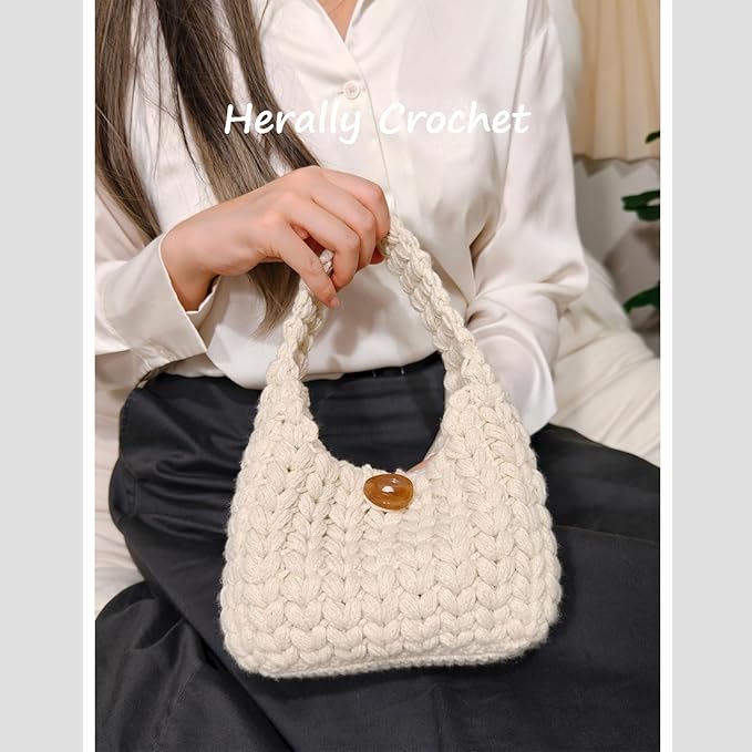 Herally Crochet Kit DIY for Beginners - Include Yarn, Hook and Accessory - with Step by Step Video Tutorials - Wheateat Hobo Bag (Beige)