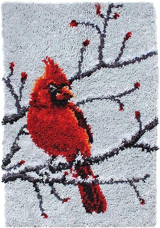 PakyKai Latch Hook Rug Kit for Adults Red Cardinal Crocheting Carpet Rug Yarn Sofa Cushion Mat Tapestry DIY Carpet Arts Crafts,20.5X15 Inch