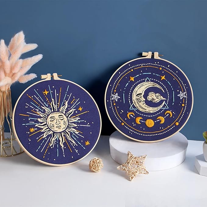 Louise Maelys 3 Set Tarot Embroidery Kits for Beginners,Cross Stitch Kit for Adults,Starters DIY Needlepoint Including Embroidery Cloth with Sun Moon Star Evil Eye Pattern and Instructions