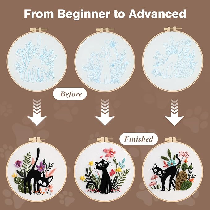 RIHYTFU 3 Pack Cat Embroidery Kits for Beginners, Adults Starter Cross Stitch Kit, Black Cat Flower Plants Patterns Hand Stamped Embroidery Kits, DIY Sewing Needlepoint