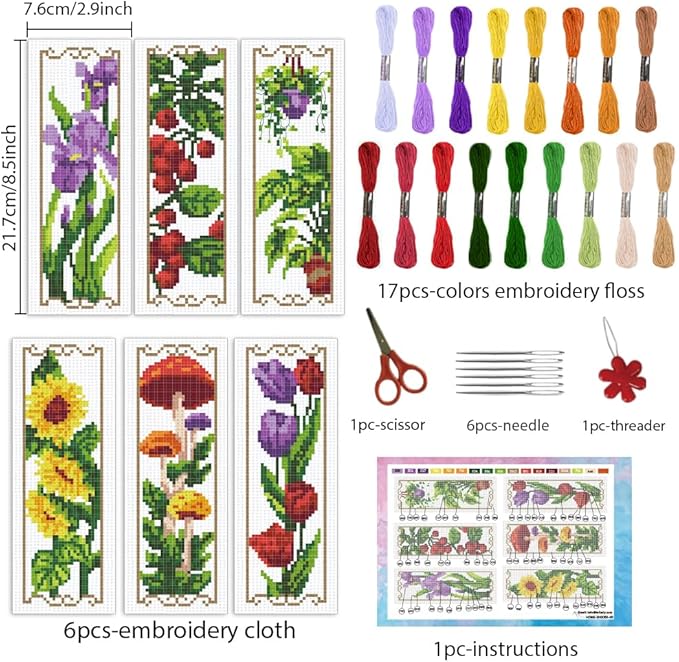 INFUNLY 6 Set Tulips Cross Stitch Bookmark Kit Sunflower DIY Cross Stitch Kits 8.5x2.9 Pre-Printed Plant Stamped Embroidery Bookmark Kit with Instruction for Beginners Adults Book Lovers
