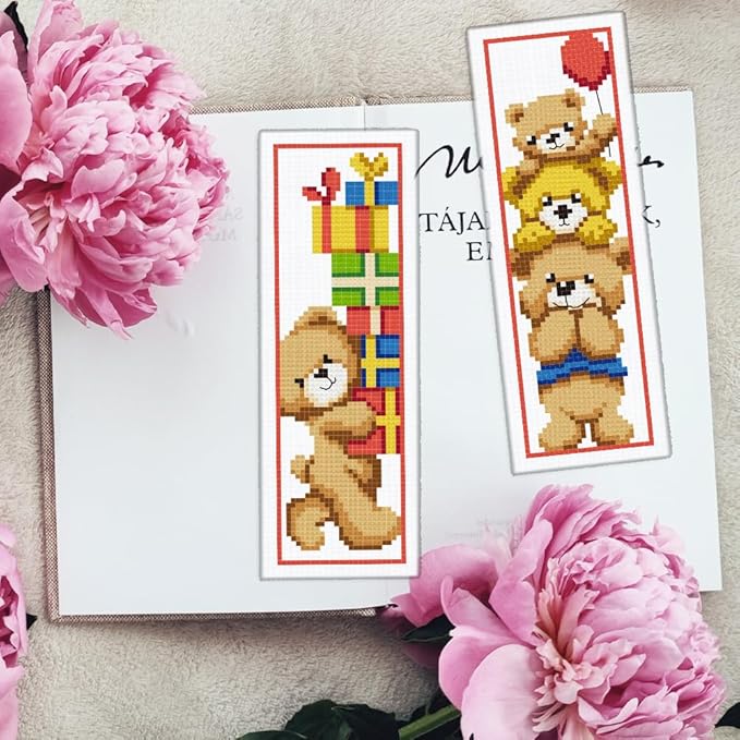INFUNLY 6PCS Brown Bear DIY Cross Stitch Bookmark Kits 8.5"×2.9" Cute Bear Stamped Embroidery Kits with Instructions Balloons Gift Box Needlepoint Bookmark Kits for Book Lovers Readers Writers