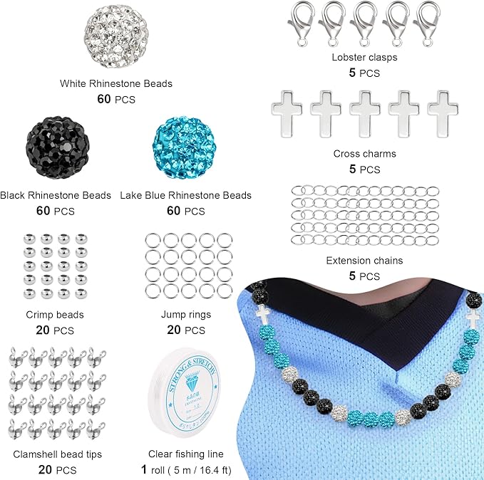 256Pcs 10mm Rhinestone Beads Kit for Jewelry Making, 3 Colors Round Shiny Disco Ball Beads with Cross Charms and Accessories for Baseball Necklaces Bracelets Earrings Crafting