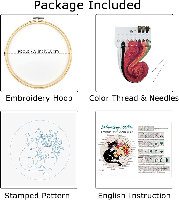 Nuberlic Black Cat Flowers Embroidery Kits for Beginners, DIY Cross Stitch Starter Craft Kits for Adults Including Cloth with Pattern, Hoop, Needles Instruction and Threads