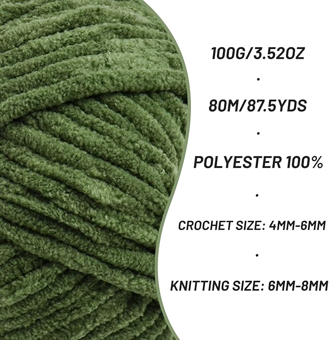 3 Pack Fluffy Chenille Yarn for Crocheting, Chunky Velvet Yarns for Crochet Amigurumi, Baby Yarn for Crocheting Soft Blanket, 262.4yds /10.5 oz Bulky Yarns for Crafts/Hats/Shoes/Socks (3 Army Green)