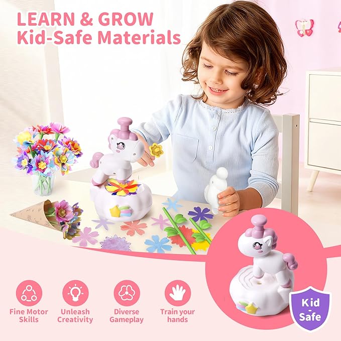 risuntoy kids flower press kit-diy fabric flower craft kits with 110 petals 30 centers stems buds,5 wraps & tapes,stem bouquet toys compatible with flower maker,christmas birthday gifts for kids 3+