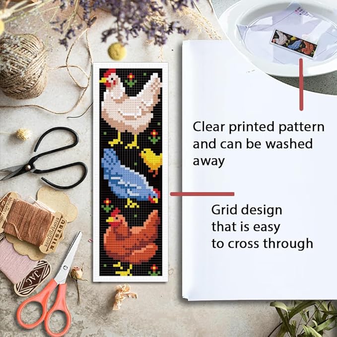 ORIGACH 6 Set Chicken Cross Stitch Bookmark Kit for Beginner with Backing Felt Floss Instructions DIY Stamped Embroidery Bookmark Kit for Adults, Book Lovers