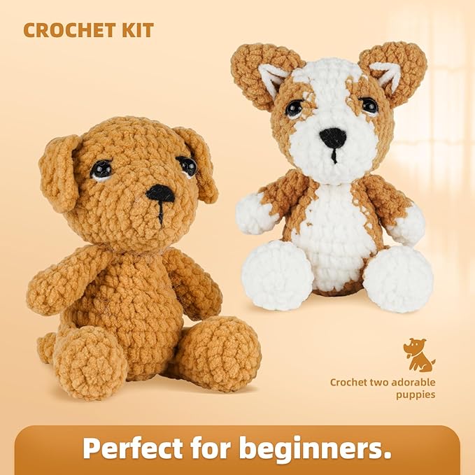 MOREJMTT Crochet Kit for Beginners, Learn to Crochet, Include Easy Knitting Soft Yarn, Step-by-Step Video Tutorial, Hook, Holiday Birthday Gift for Adults (2 Pack Dog)