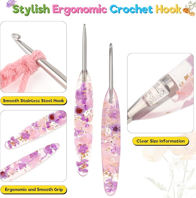 Katech 3.5mm Crochet Hook for Arthritic Hands, Hand-Polished Stainless Steel Ergonomic Crochet Hooks with Customized Sparkle Dried Floral Grip, Soft Tapered Hook-Crochet Gift for Beginner & Crocheter