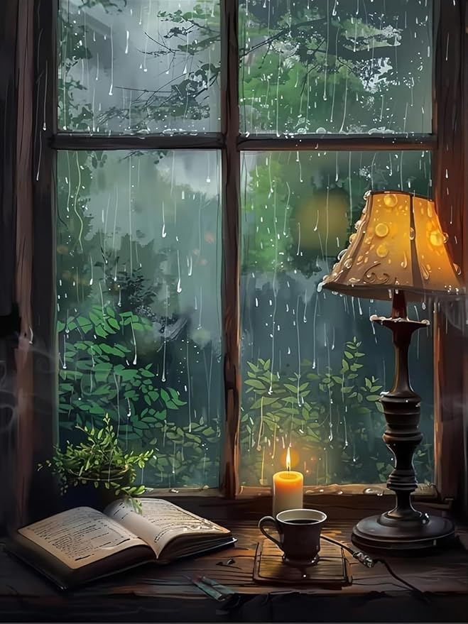 Rainy Windows Diamond Art Kits for Adults, Diamond Painting Kits for Adults for Beginners, DIY Diamond Dots Art Kits, 5D Full Round Drill Gem Art Painting Kits for Home Wall Decor, 12x16 inch