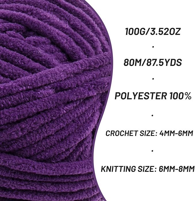 Fluffy Chenille Yarn for Crocheting, Chunky Velvet Yarns for Crochet Amigurumi, Baby Yarn for Crocheting Soft Blanket, 87.4yds /3.5 oz Bulky Yarns for Crafts/Hats/Shoes/Socks (Violet)