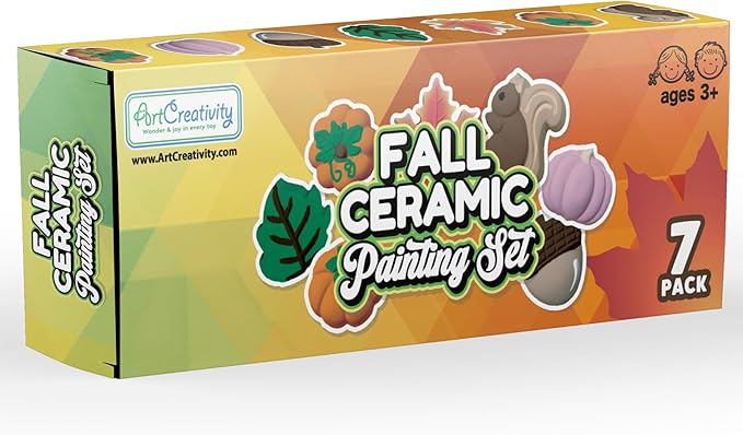 ArtCreativity Thanksgiving Ceramic Painting Craft - 7 Pack - Kids Fall Crafts Includes 7 Ceramic Figures, 8 Paint Set, 2 Brushes, 7 Adhesive Magnet - DIY Thanksgiving Paint Activity for Toddlers 3-8