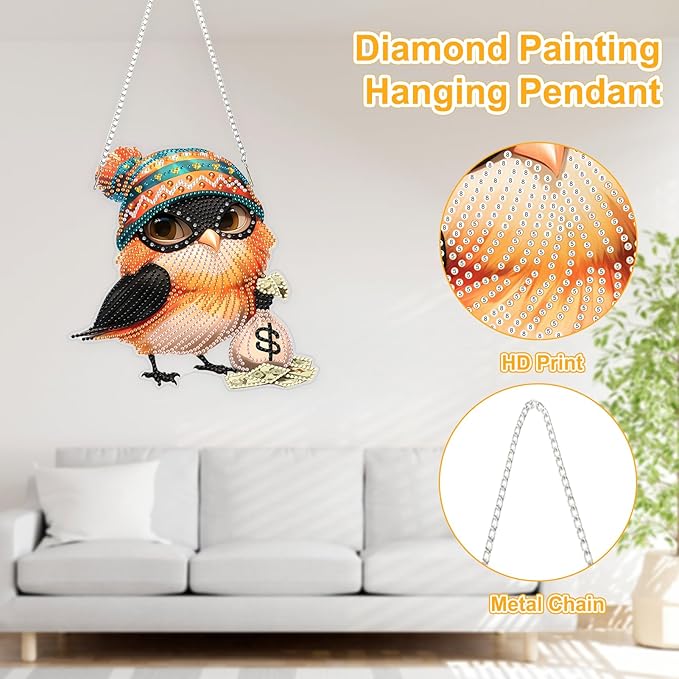 TOSTOG Bird Diamond Art Hanging Kits for Adults, Bandit Bird Diamond Painting for Adults Window Pendant, Special Shape Diamonds Diamond Painting Hanging Pendant Kit for Wall Home Decor Gift
