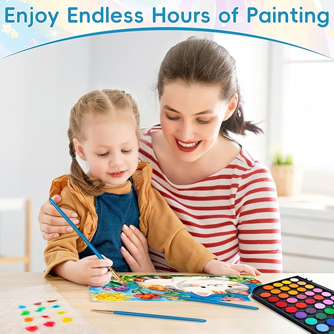 48 Color Solid Watercolor Paint Set with 3 Wooden Brushes - Non-Toxic, Vibrant & Washable Watercolor Kit for Artists, Children, Beginners, Kids - Portable Watercolor Painting Set for Travel & Studio