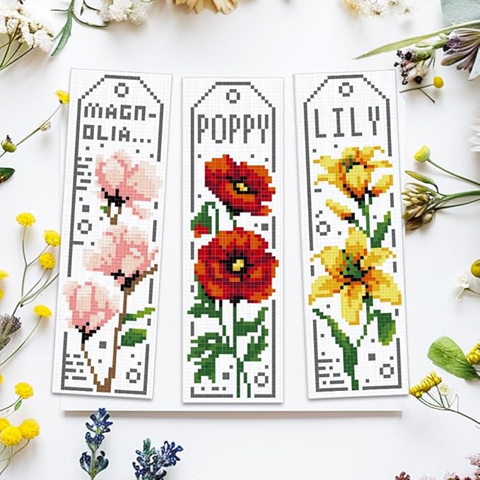 ACRNIGHEET 6PCS Cross Stitch Bookmark Kits for Beginner Flower Crossstitch Kits Adult Rose Daisy Lily Stamped Embroidery Bookmarks with Accessories for Adults Craft Gift 11CT