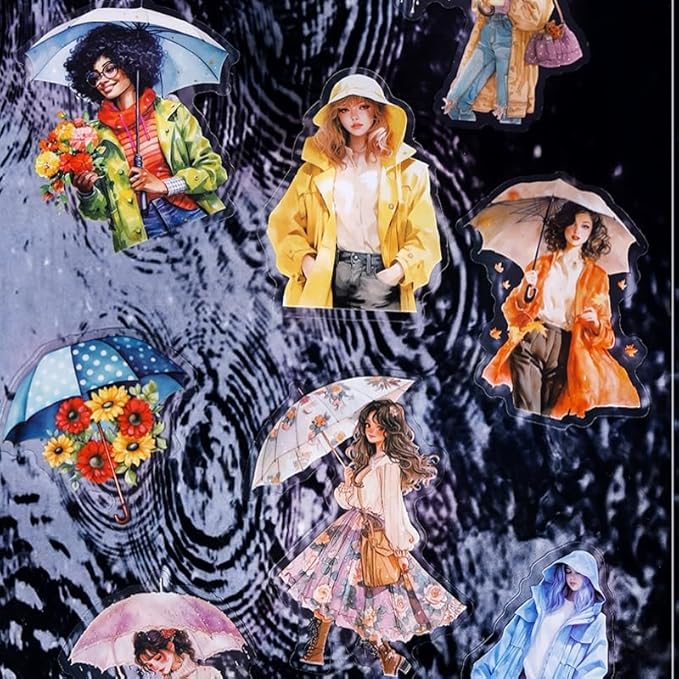 TIAMECH Walk in Rain PET Stickers - 90 Pcs Rainy Girl & Raincoat Umbrella Design, Waterproof Sticker for Journaling & Scrapbooking, Junk Journal Supplies, Ephemera & DIY Crafts