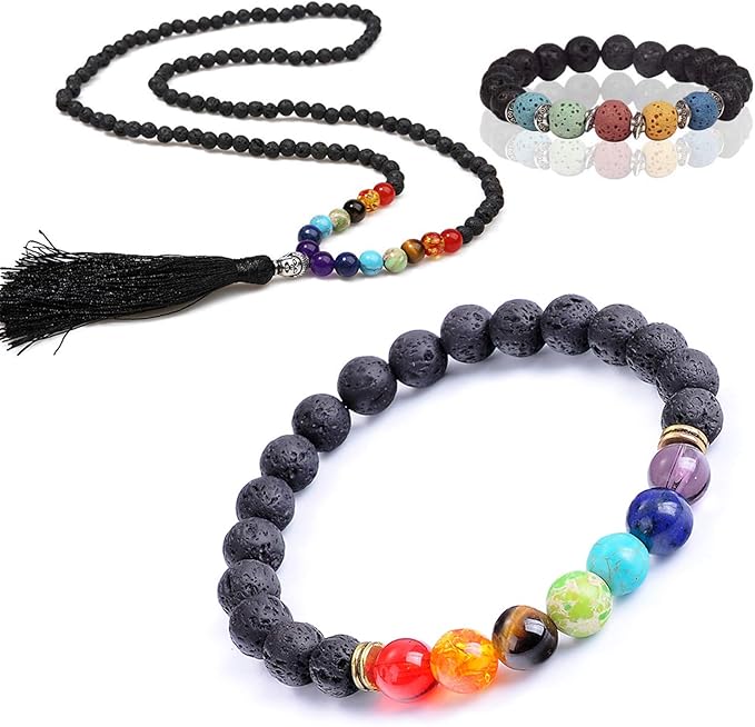 EuTengHao 602Pcs Lava Beads Stone Kits with 8mm Chakra Beads and Spacers Beads Bracelet Elastic String for Diffuse Essential Oils Adult DIY Jewelry Making Supplies