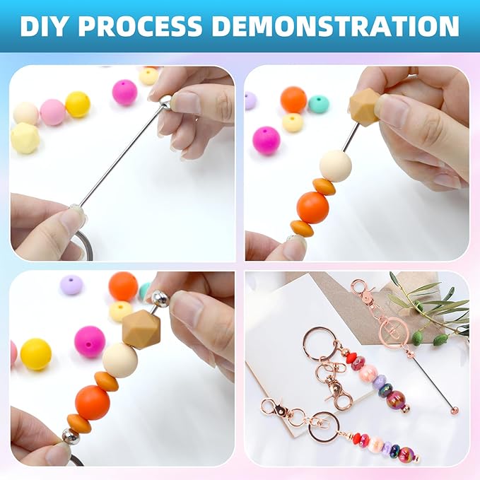 60 Pcs Beadable Keychains Bulk Kit – DIY Keychain Making Supplies with Metal Blanks for Crafts, Jewelry, Charms, Custom Projects – Blank Chain Bars for Beaded Keychain Design (Rose Gold)