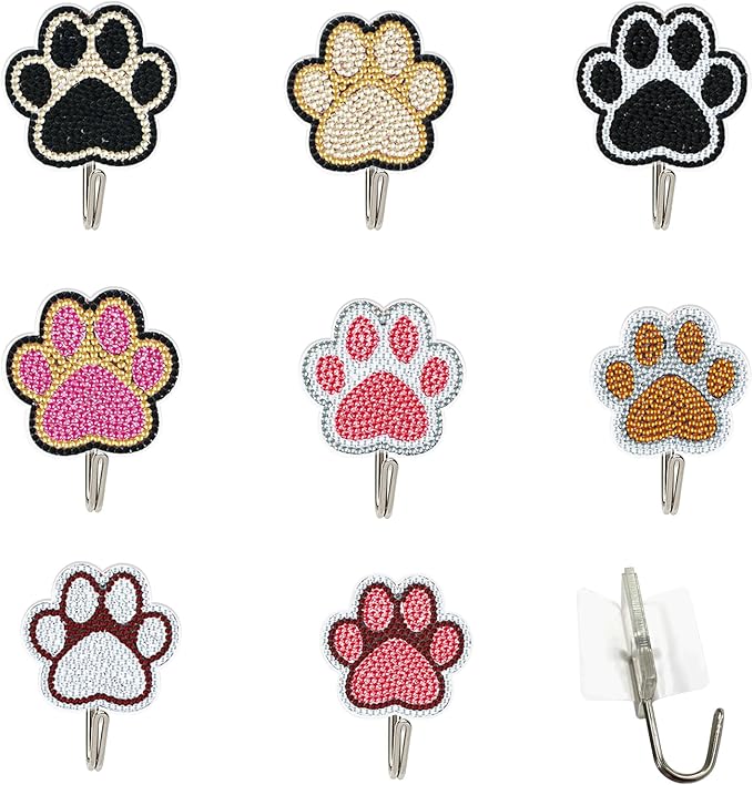 antor 8 Pack Pet Paw Diamond Painting Hooks – DIY Rhinestone Art Wall Hangers, Cute Animal Paw Design Adhesive Hooks for Keys, Towels, Bags, Home Entryway Kitchen Bathroom Decor