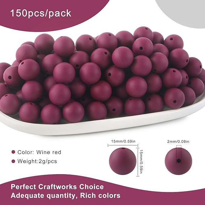 150Pcs 15mm Silicone Beads for Keychain Making Bracelet Necklace, Bulk Round Silicone Beads for Pens（Wine Red）