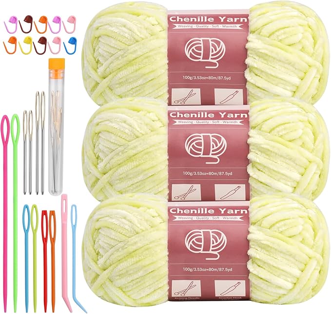 LUNARM Chenille Yarn for Crocheting Knitting, 3 Skein 263 Yard Thick Soft Chunky Fluffy Weaving Plush Yarn for Blankets Clothes Pattern Creations with Big Eye Needles (Light Yellow)