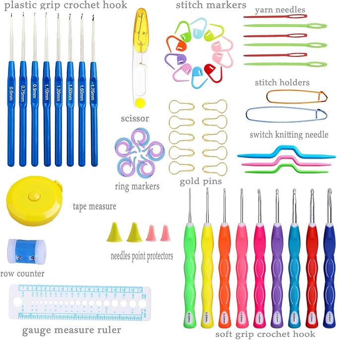 Looen Crochet Hooks Set-Yarn Needles Coloured Aluminum with Storage Case Rubbery Handle Ergonomic Comfort Grip DIY Craft Handmake Kit 47pcs