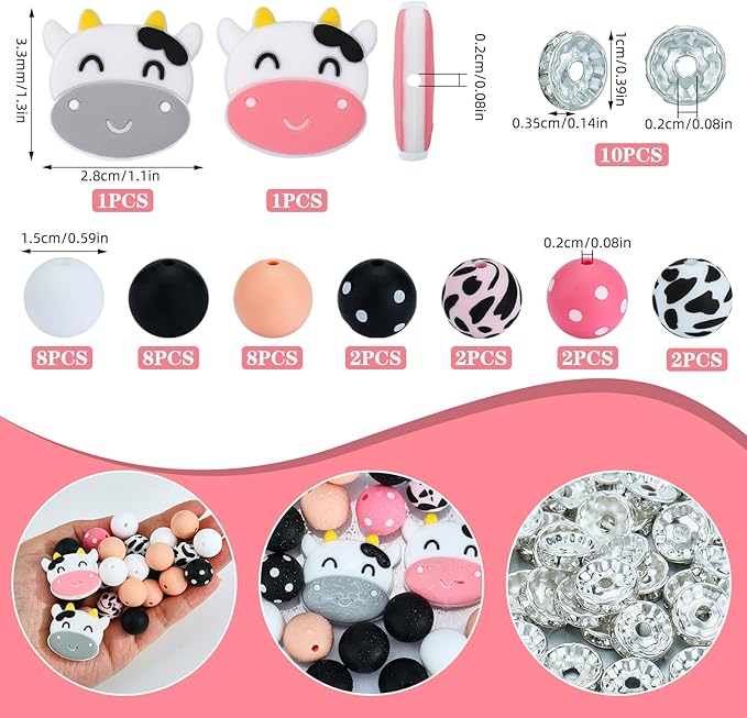 44 Pcs 15mm Silicone Round Animal Focal Beads for Pens, Keychains, Bracelets & Other Crafts (Dairy Cow)