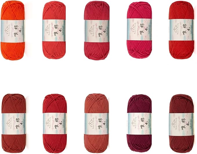 Susan’s Family 4‑Ply Yarn Combo 10 Packs – 60% Cotton 40% Acrylic Yarn for Knitting & Crochet, DIY Scarf & Blanket Pattern & Video Tutorials, Handmade Gift - Color Master (07#Luck Red)
