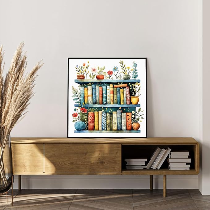 Okarina Framed Paint by Numbers Kit for Adults Beginner Bookshelf, Adult Paint by Number Kits on Canvas Framed, DIY Acrylic Oil Painting by Numbers with Frame, Book for Home Decor Gift 10 X 10 Inch