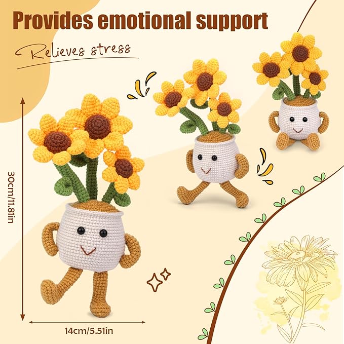 Nitlak Crochet Kit for Beginners, Sunflower Potted Beginner Crochet Kit for Adults Kids Women Men, Crochet Starters Kit with Step-by-Step Video Tutorials, Complete Crochet Accessories for DIY Craft