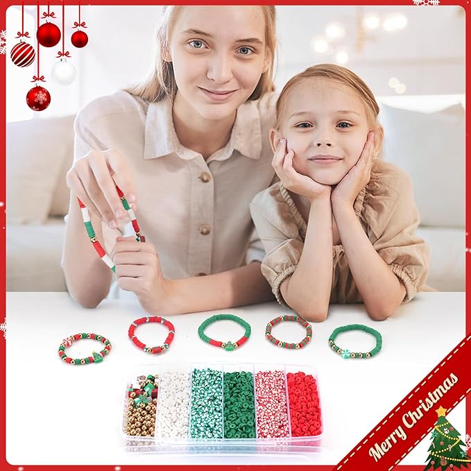 Christmas Clay Beads for Bracelets - 5000 Pcs Christmas Beads, 30 Xmas Charms, 100 Gold Spacer Bead, Red Green Heishi Bead Kit for DIY Christmas-Bracelet Making Kit & Jewelry Crafts