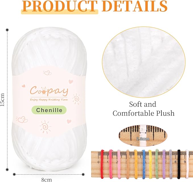 Coopay Skinny Chenille Yarn for Crocheting and Knitting, 12 Pack of 50g/1.76oz - 1764yd Total, Soft Crochet Yarn of Light Weights - Suitable for Baby Blankets, Plush Dolls, Garments (White)