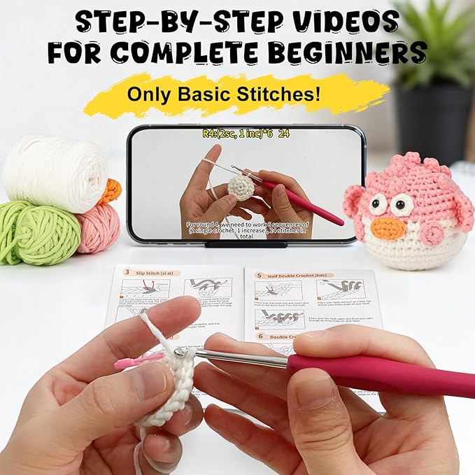 Totiro Crochet Kit for Beginners, Balloon Fish Amigurumi Starter Kit, Easy DIY Craft Set with Step-by-Step Video Tutorials, 2 Pack Crochet Pattern Learning Kit for Teens Adults Birthday Gift