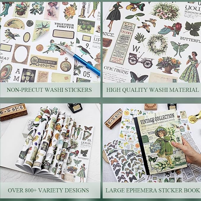 Vintage Scrapbooking Sticker Book for Adults - 800+ Washi Journaling Stickers Ephemera Book for Junk Journal Supplies DIY Crafts Arts Decorative 24 Sheets