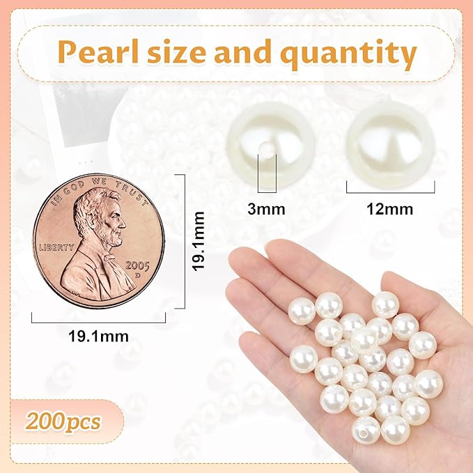 200Pcs 12mm Pearl Beads for Jewelry Making, Cute Acrylic Loose White Clay Pearl Beads for Crafting, Charm Fake Round Pearls with Hole for Necklace, Earring, Bracelet, DIY Craft, Vase Filler