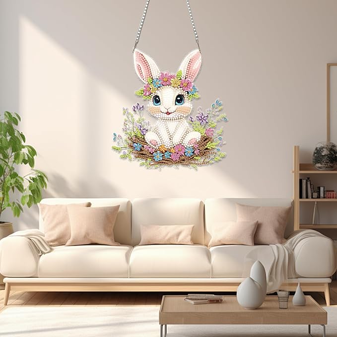 Miwixy Easter Hanging Diamond Art Kits for Adults,Rabbit Special Shaped Crystal Christmas Diamond Painting Ornament Kit DIY Double-Sided Pattern Window Pendant Gem Art Kit for Home Wall Decor