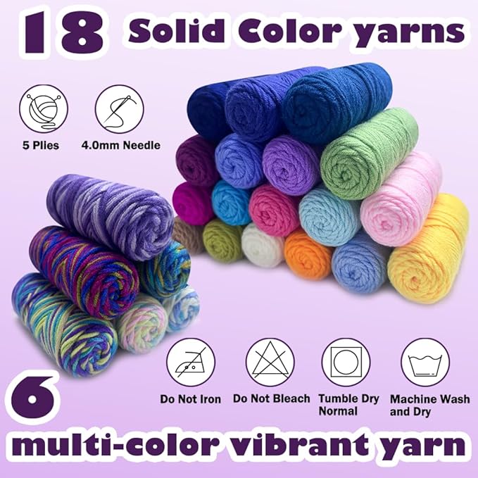 Lewhoo Crochet Kits for Beginner, 1312 Yards Acrylic Yarn Kit for Knitting and Crocheting, 25g×24 Yarn Bundles with Accessories