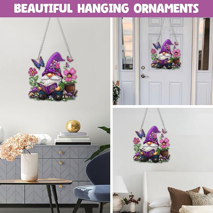 NAIMOER Diamond Art Hanging Kits for Adults, Gnome Flower Diamond Art Suncatchers, 5D Special Shape Fall Diamond Painting Pendant Window Ornament Gifts for Home Garden Door Wall Decor