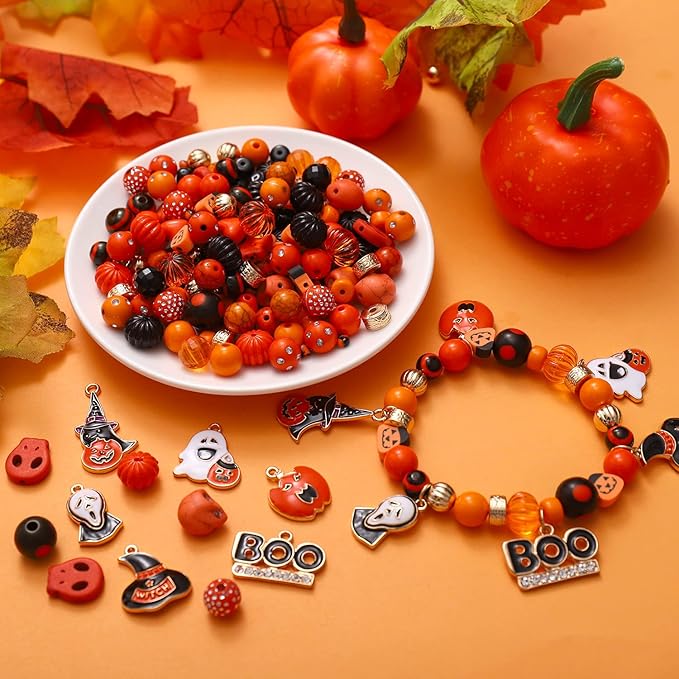 1941PCS+ Halloween Beads for Jewelry Making Orange Black Pumpkin Skull Polymer Clay Letter Beads with Boo Spooky Ghost Pumpkin Witch Hat Pendant Accessories for DIY Necklace Bracelets Making Kit